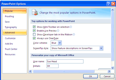 PowerPoint Options Dialog Box